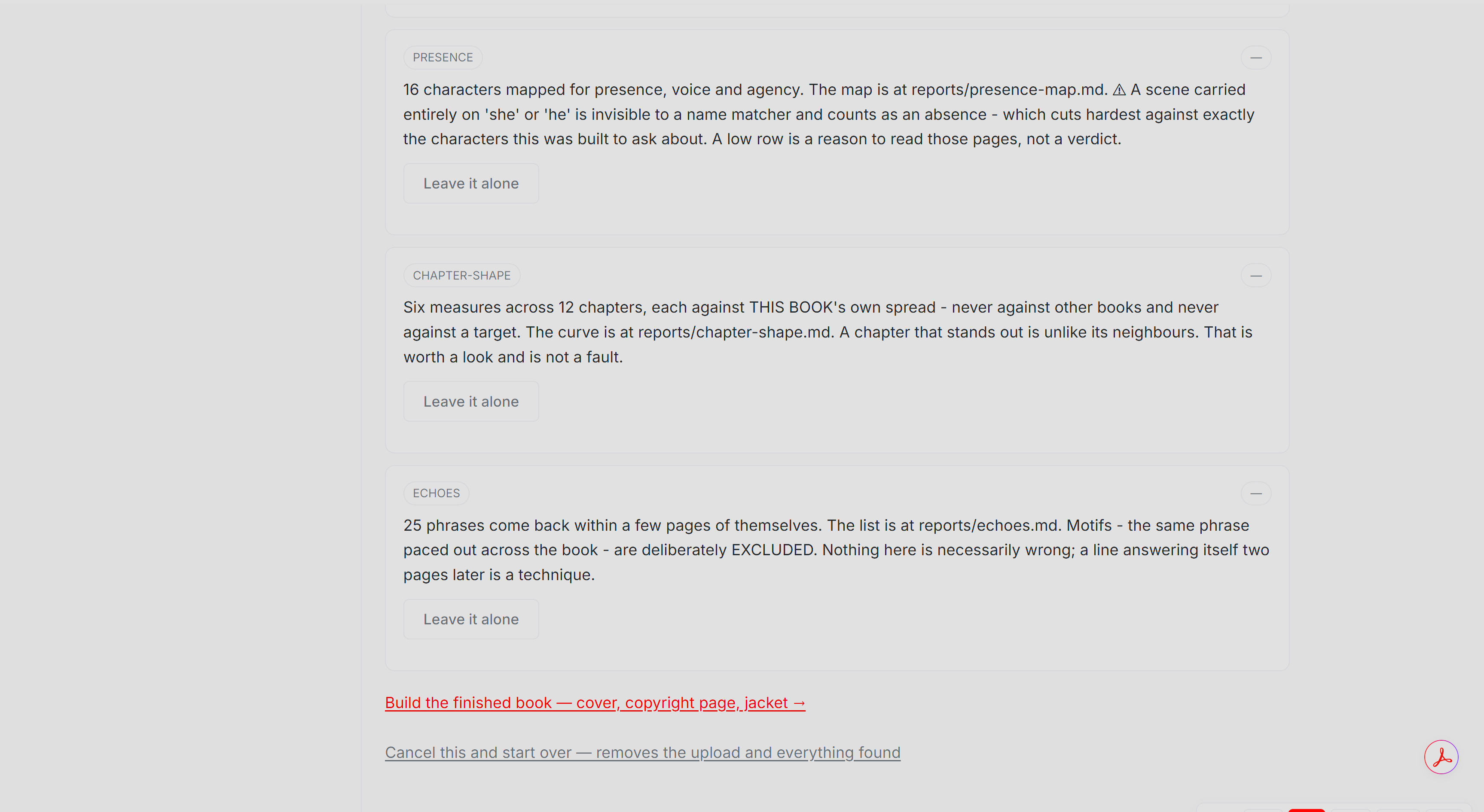 Presence, chapter shape and echoes — each one a map, not a verdict